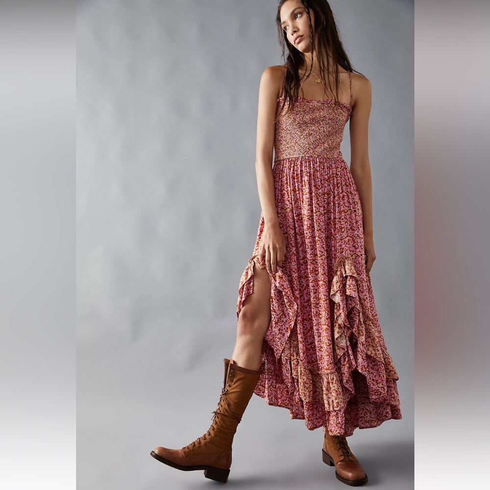 Free People One I Love Dress in Caramel Combo Pink and Tan Maxi Ruffle Hem Sz S